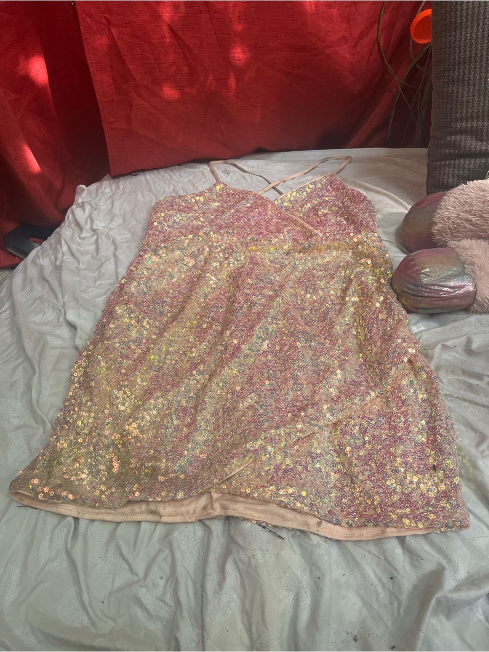 Iridescent Pink Sequin Formal Dress with Spaghetti Straps